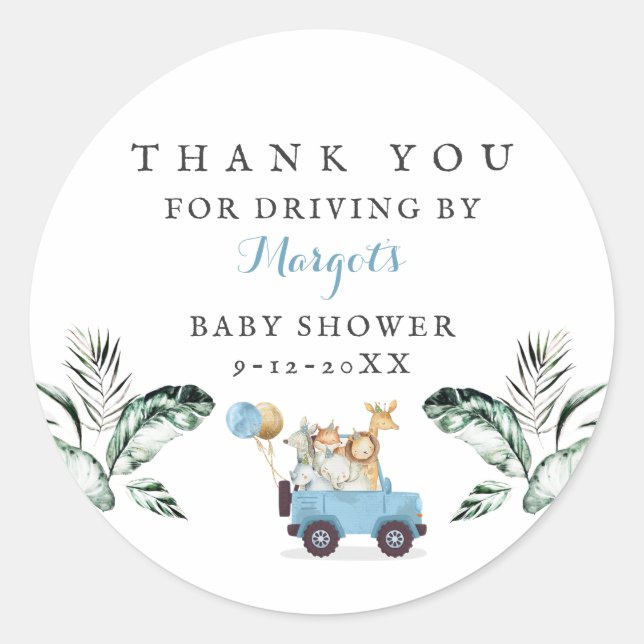 Safari Animals Drive by Baby Shower Greenerity Gol Runder Aufkleber (Vorderseite)