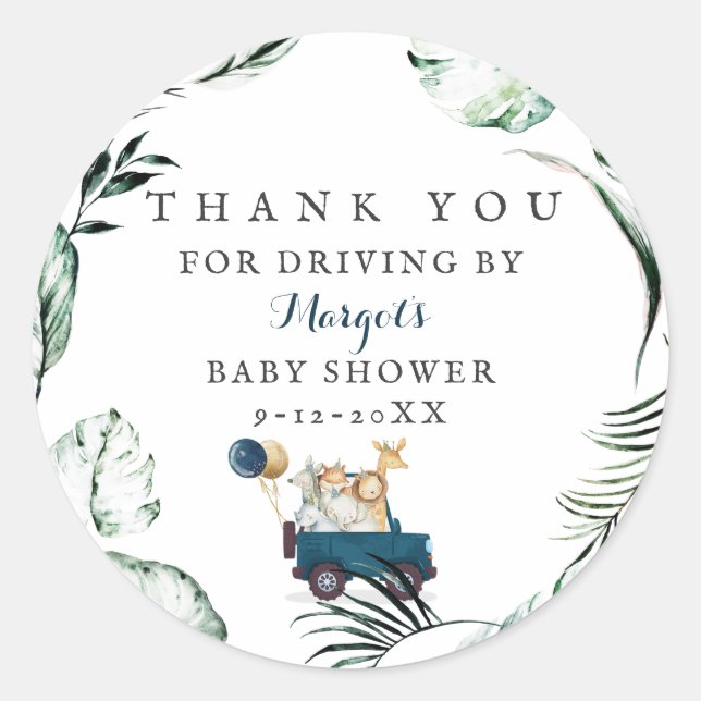 Safari Animals Drive by Baby Shower Greenerity Gol Runder Aufkleber (Vorderseite)
