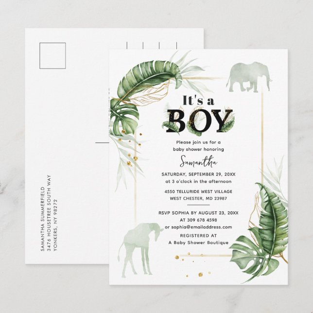 Safari Animals Elephant Boy Baby Shower Einladungspostkarte (Vorne/Hinten)
