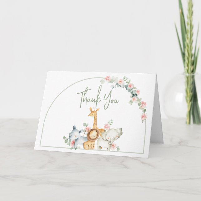Safari Animals Floral Baby Shower  Dankeskarte (Vorderseite)