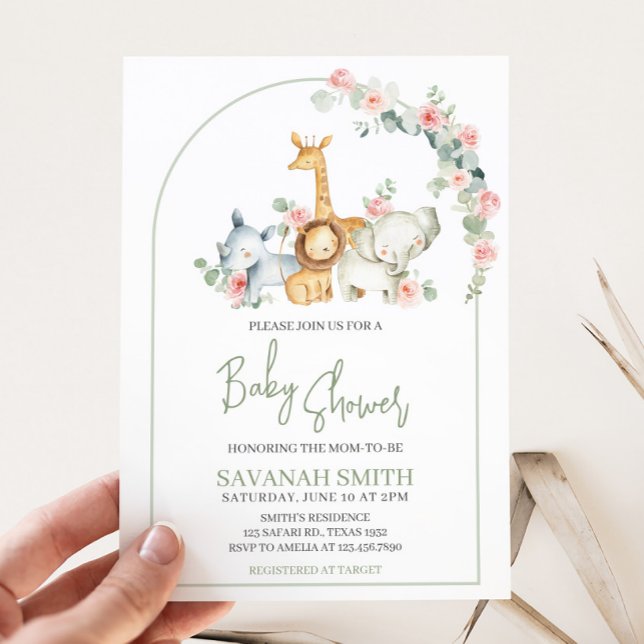 Safari Animals Floral Baby Shower  Einladung (Greenery Safari Animals Baby Shower Invitation)