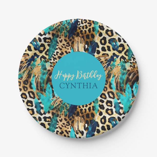 Safari Animals' Fur Prints Muster Blau und Gold Pappteller (Vorderseite)