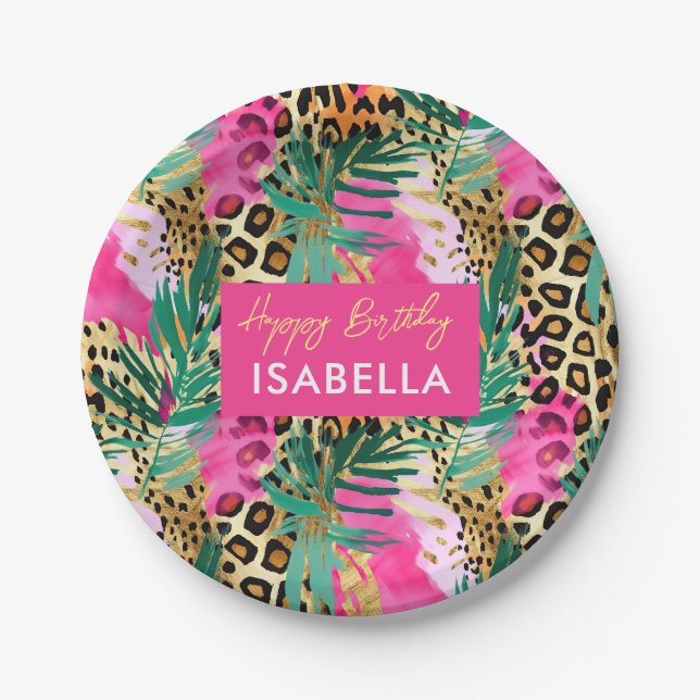 Safari Animals' Fur Prints Muster Green Pink Gold Pappteller (Vorderseite)