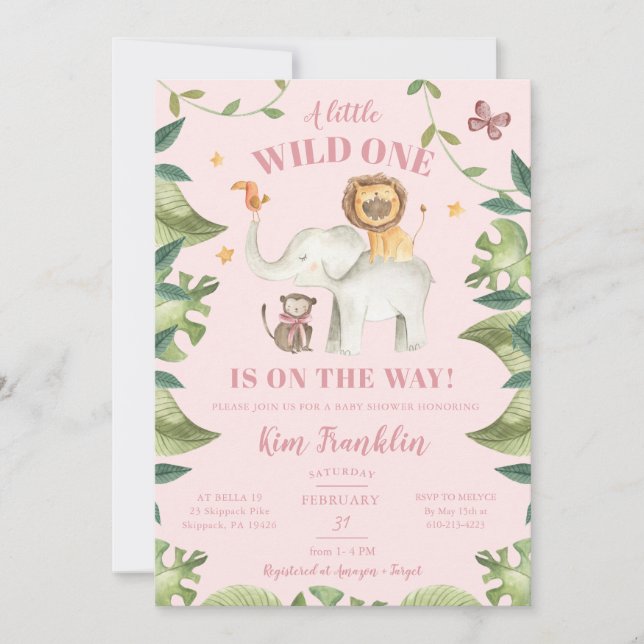 Safari Animals Girl Baby Shower Wild One Einladung (Vorderseite)
