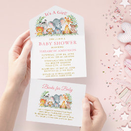 Safari Animals Girl Pink Kinderdusche und Bücher All In One Einladung