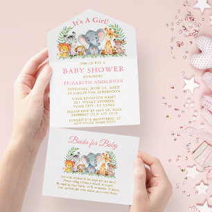 Safari Animals Girl Pink Kinderdusche und Bücher All In One Einladung