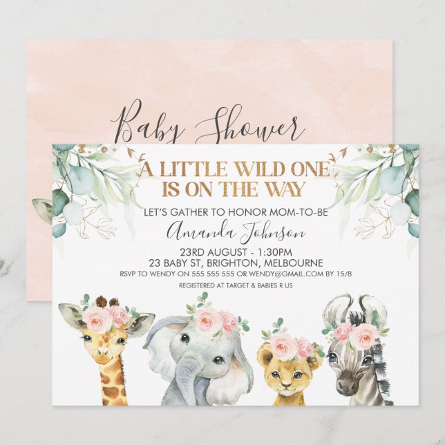 Safari Animals Gold Foliage Baby Shower Einladung (Vorne/Hinten)