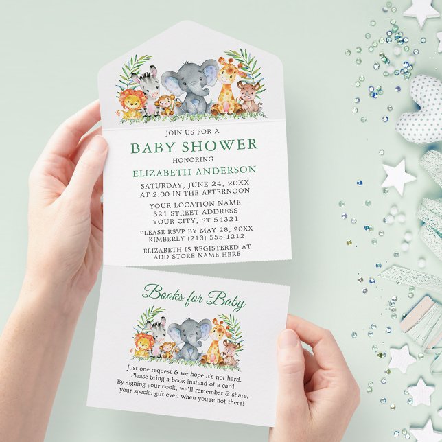 Safari Animals Green Baby Dusche und Bücher All In One Einladung (All In One Baby Shower Invitation with Books for Baby tear off card.)