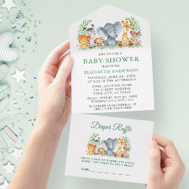 Safari Animals Green Baby Shower und Raffle All In One Einladung