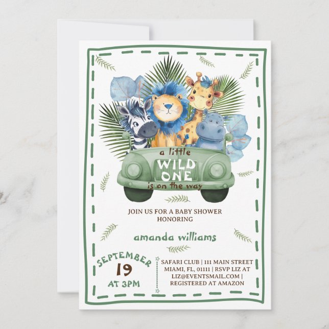 Safari Animals Greenerity Car Baby Shower Einladung (Vorderseite)