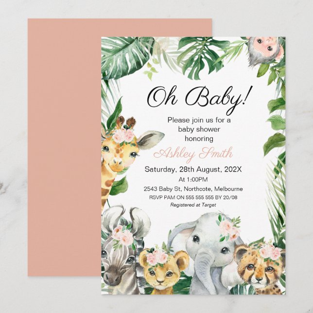 Safari Animals Greenery Girls Baby Shower Einladung (Vorne/Hinten)