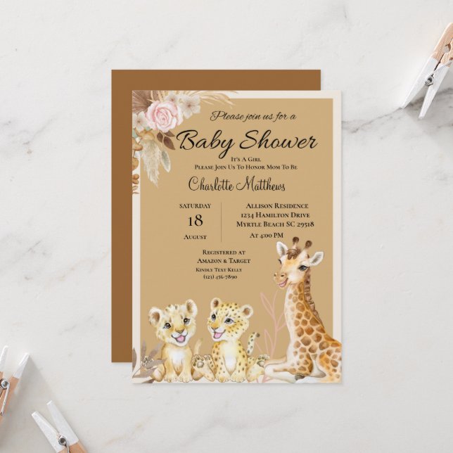 Safari Animals Jungle Baby Dusche Einladung (Vorderseite/Rückseite Beispiel)