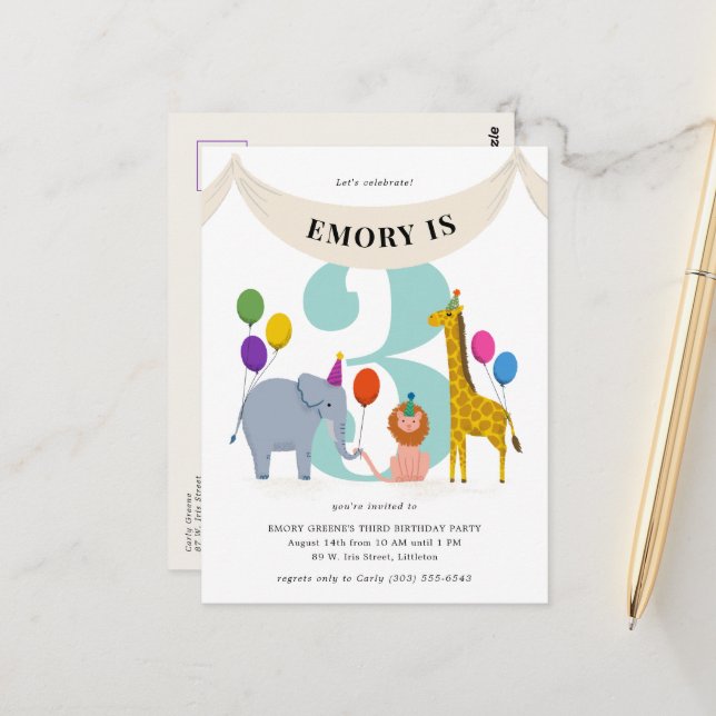 Safari Animals Kindergeburtstag Party Postkarte (Vorderseite/Rückseite Beispiel)