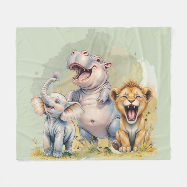Safari Animals Lion Hippo Elephant Fleecedecke (Vorderseite (Horizontal))
