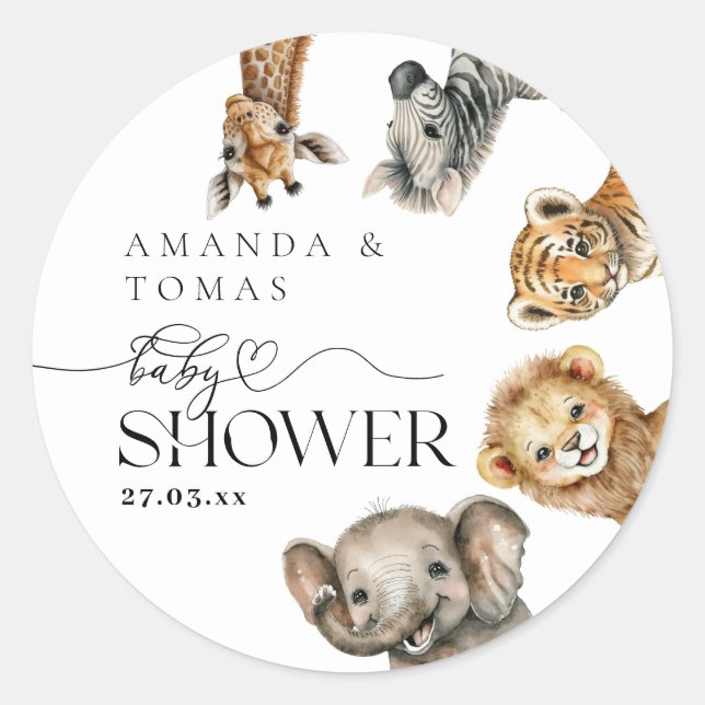 Safari Animals Moderne Babydusche Runder Aufkleber (Vorderseite)