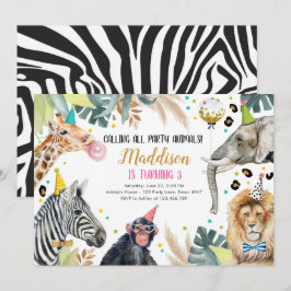 Safari Animals Party Girl Gold Pink Geburtstag Einladung