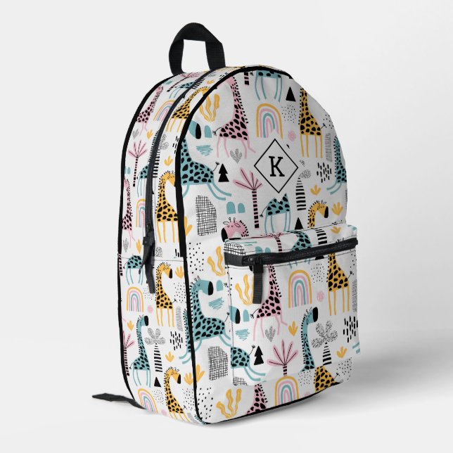 Safari Animals & Pflanze, Boho-Regenbogenmuster Bedruckter Rucksack (Rückseitige Ecke links)