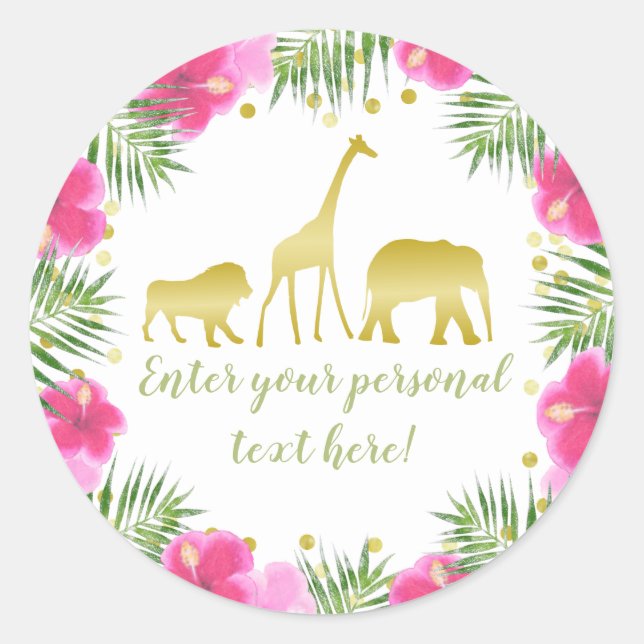 Safari Animals Pink & Gold Baby Dusche Runder Aufkleber (Vorderseite)