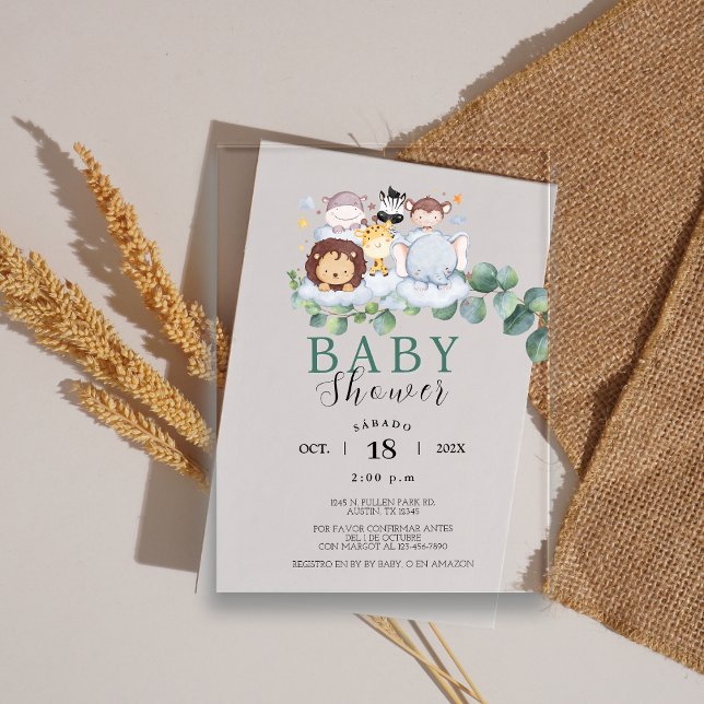 Safari Animals Spanish Baby Shower Jungle Acryleinladungen (Safari Animals Spanish Baby Shower Jungle Acrylic Invitations)