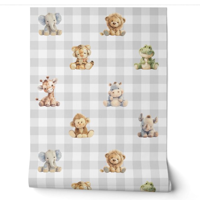 Safari Animals Toys Gray Kariert Baby Boy Kinderzi Tapete (Abrollen)