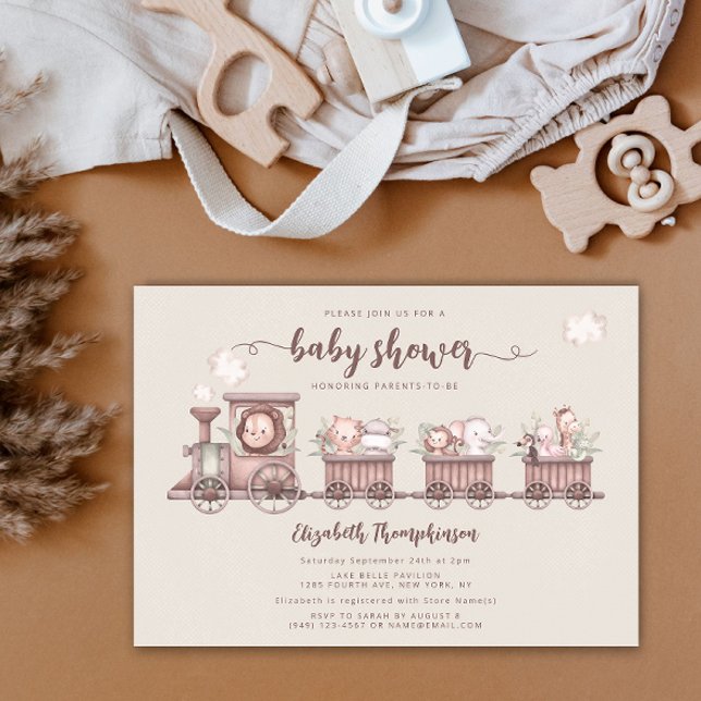 Safari Animals Train Gender Neutral Baby Shower Einladung (Von Creator hochgeladen)