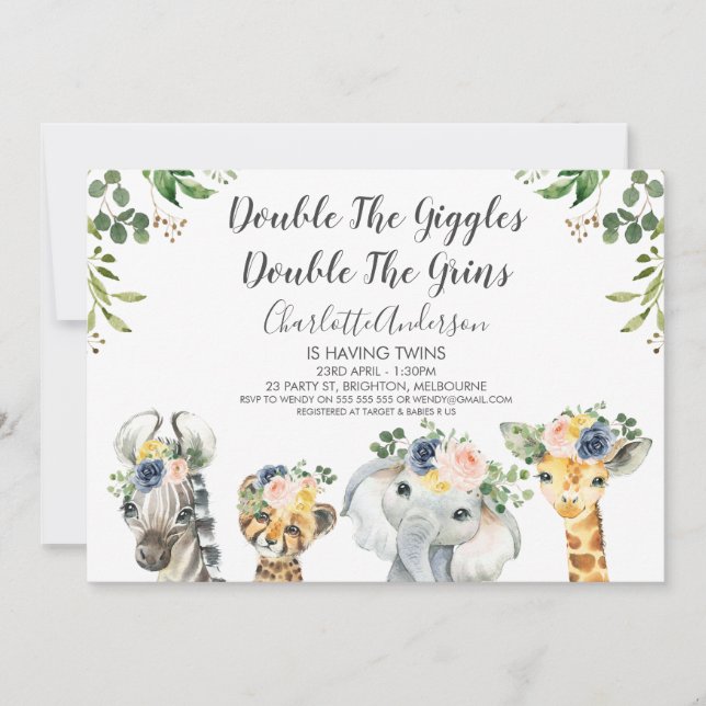 Safari Animals Twins Baby Dusche Einladung (Vorderseite)