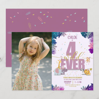 Safari Animals Vier mal Wild Girl Foto Geburtstag Einladung