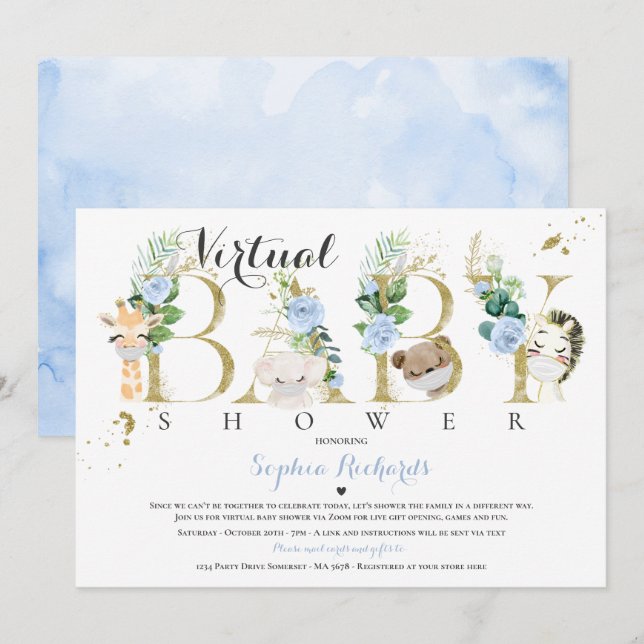 Safari Animals Virtual Baby Shower Green Gold Einladung (Vorne/Hinten)