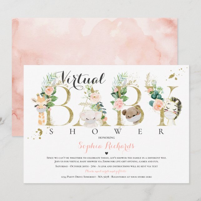 Safari Animals Virtual Baby Shower Greenerie Gold Einladung (Vorne/Hinten)
