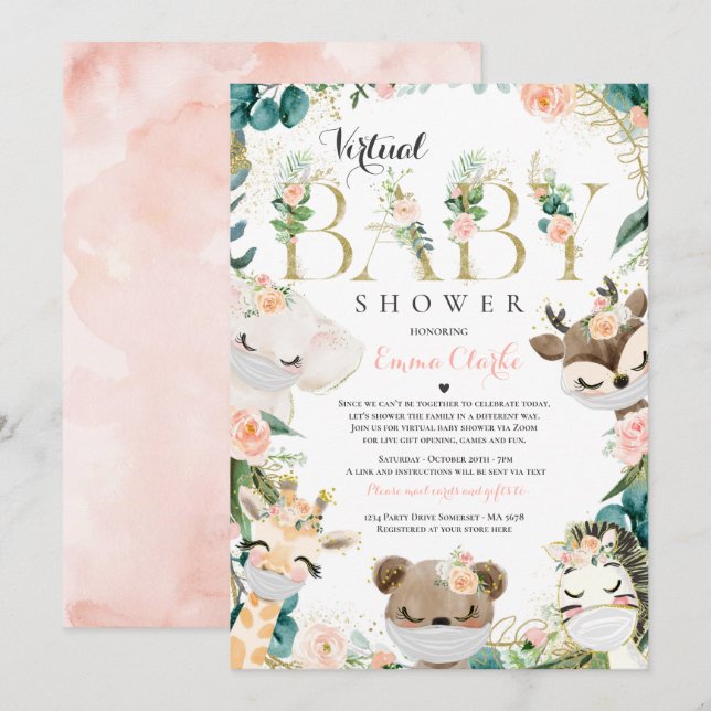 Safari Animals Virtual Baby Shower Greenerie Gold Einladung (Vorne/Hinten)
