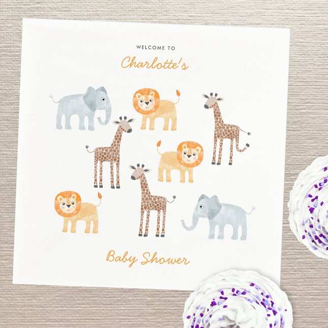 Safari Animals Wasserfarbe Personalisiert Babydusc Serviette (Fun watercolor baby safari animals personalized baby shower party paper napkins)