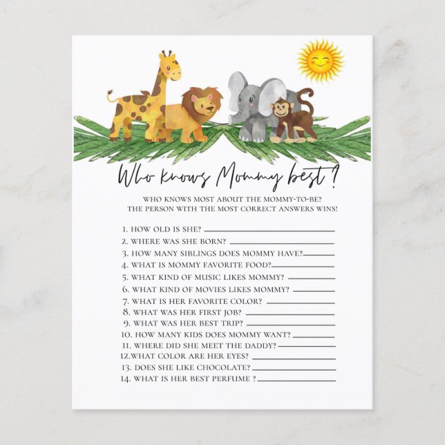 Safari Animals Wer Mommy Baby Shower Game kennt (Vorderseite)