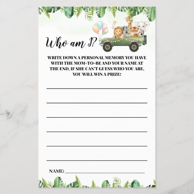 Safari Animals Who I Baby Showgame Card Flyer (Vorne)