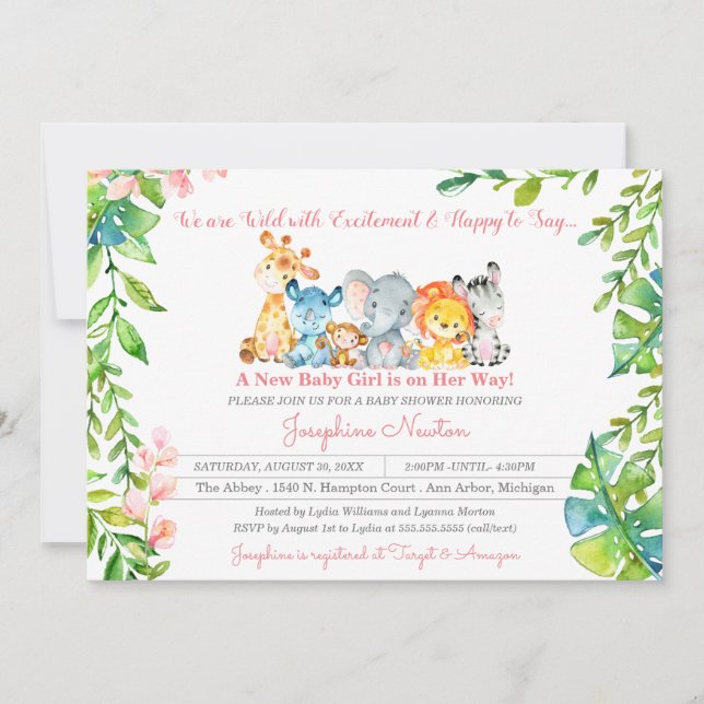 Safari Animals Wild Jungle Girl Babydusche Einladung (Vorderseite)