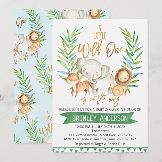 Safari Animals Wild One Baby Shower Einladung (Vorne/Hinten)