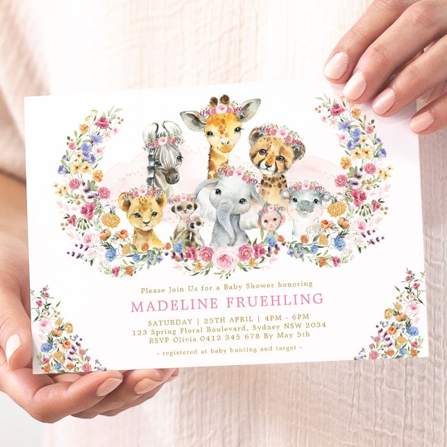 Safari Animals Wildblume Garden Girl Babydusche Einladung (Von Creator hochgeladen)