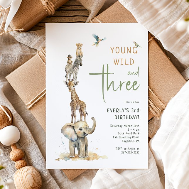 Safari Animals "Young Wild & Three" Kindergeburtst Einladung (Von Creator hochgeladen)