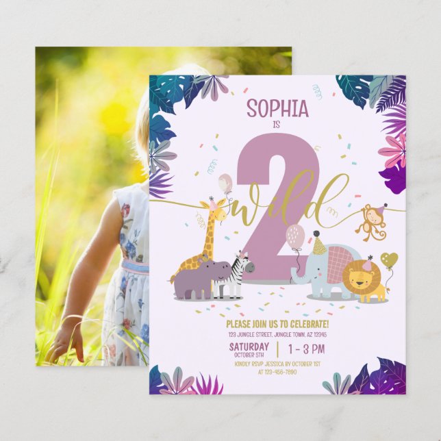 Safari Animals Zwei Wild Girl Budget Foto Geburtst (Vorne/Hinten)