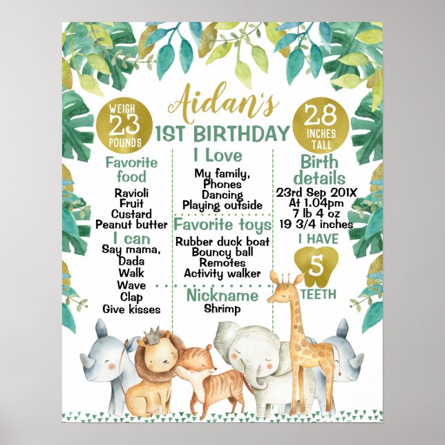 Safari Animaux 1er Anniversaire Poster du Jalon (Devant)
