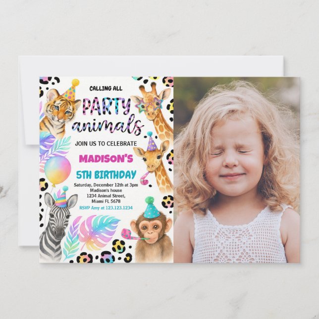 Safari Animaux Anniversaire Invitation avec photo (Devant)
