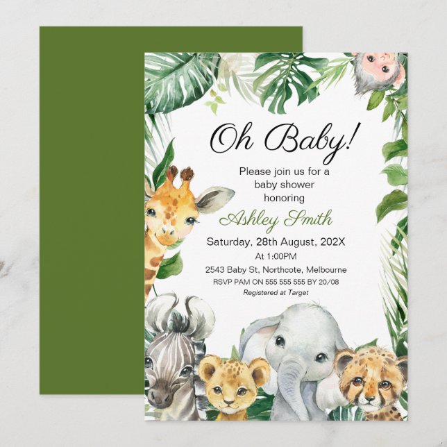 Safari Animaux Baby shower de verdure Invitation (Devant / Derrière)