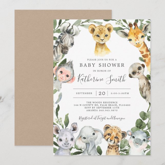 Safari Animaux Baby shower Invitation (Devant / Derrière)