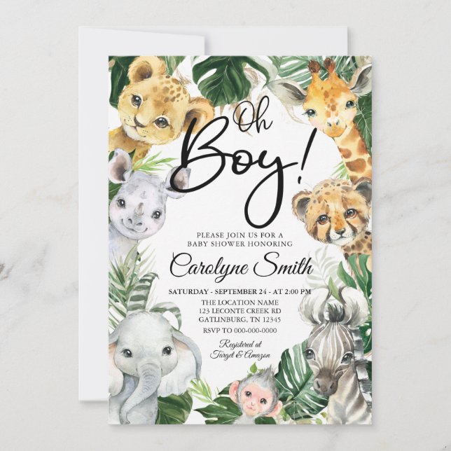 Safari Animaux Baby shower Invitation Garçon (Devant)