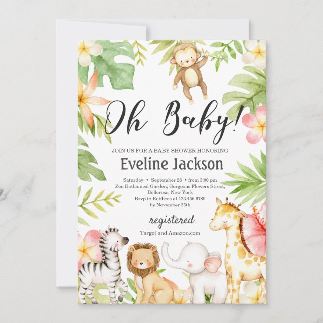 Safari Animaux Baby shower Invitation Verdure (Devant)