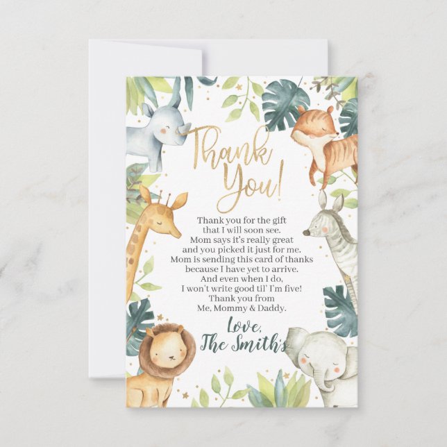 Safari Animaux Baby shower Merci Cartes (Devant)