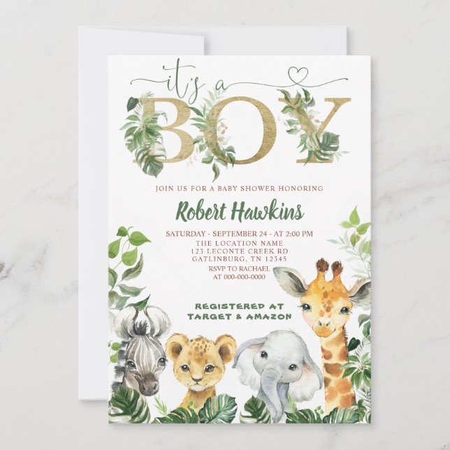 Safari Animaux Boy Baby shower Invitation (Devant)