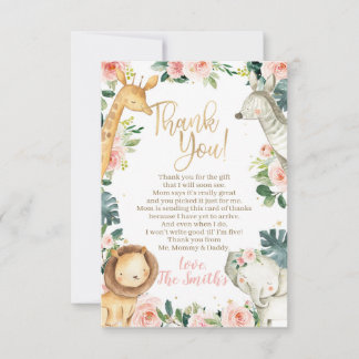 Safari Animaux Fille Baby shower Merci Cartes