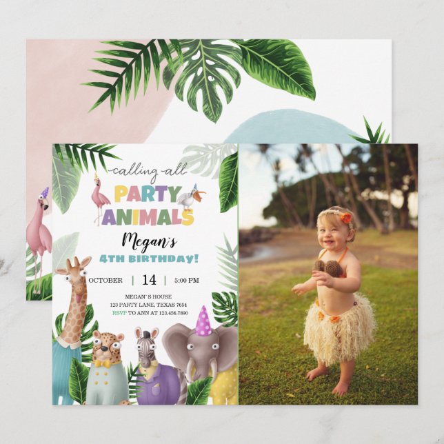 Safari Animaux Invitation Anniversaire Avec Photo (Devant / Derrière)