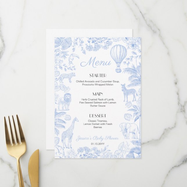 Safari Animaux Toile De Jouy Boy Baby shower Menus (Devant/Arrière en situation)