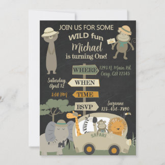 Safari Auto und Tiere Junge 1. Geburtstag einladen Einladung
